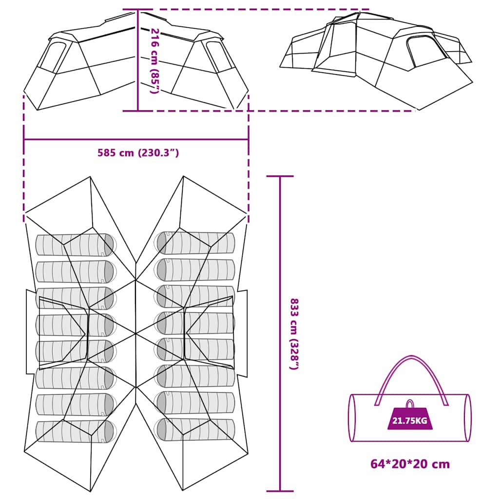 Familienzelt Grün 833 x 585 x 216 cm Polyester