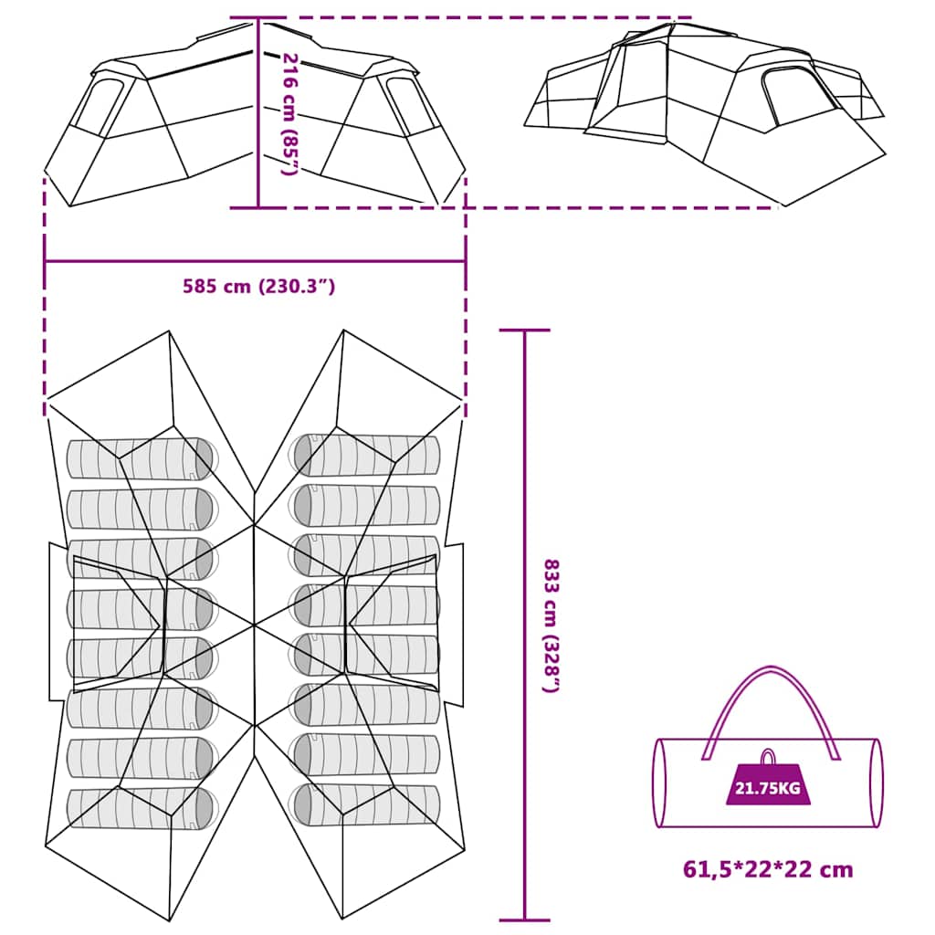 Familienzelt Grau und Orange 833 x 585 x 216 cm Polyester