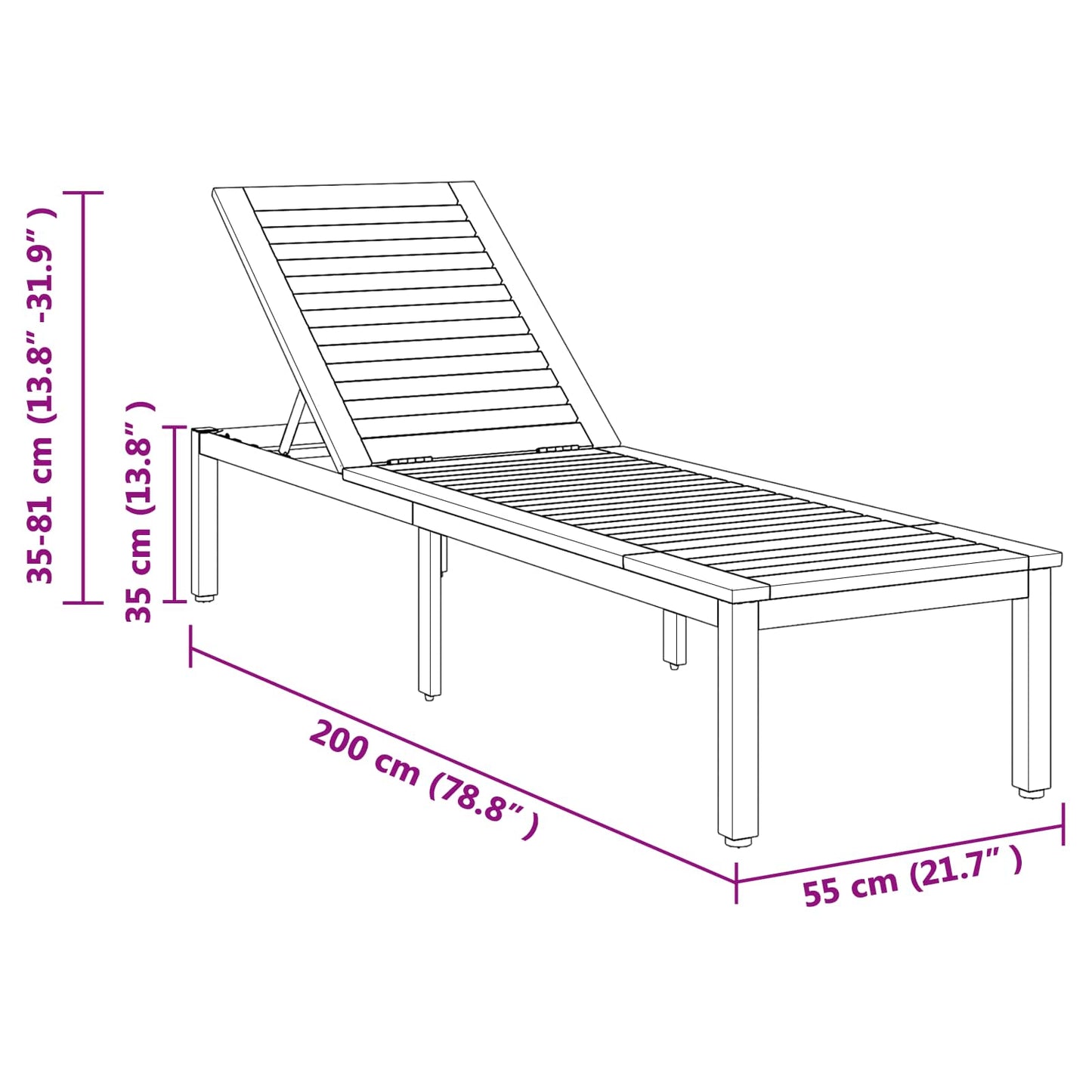 Sonnenliege Schwarz 200 x 55 x 35 cm Massivholz Akazie