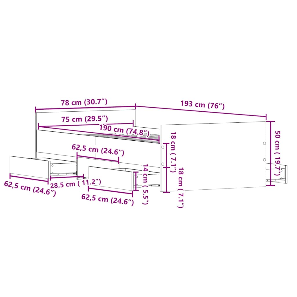 Bettgestell mit Kopfteil Altholz 75 x 190 cm Holzwerkstoff