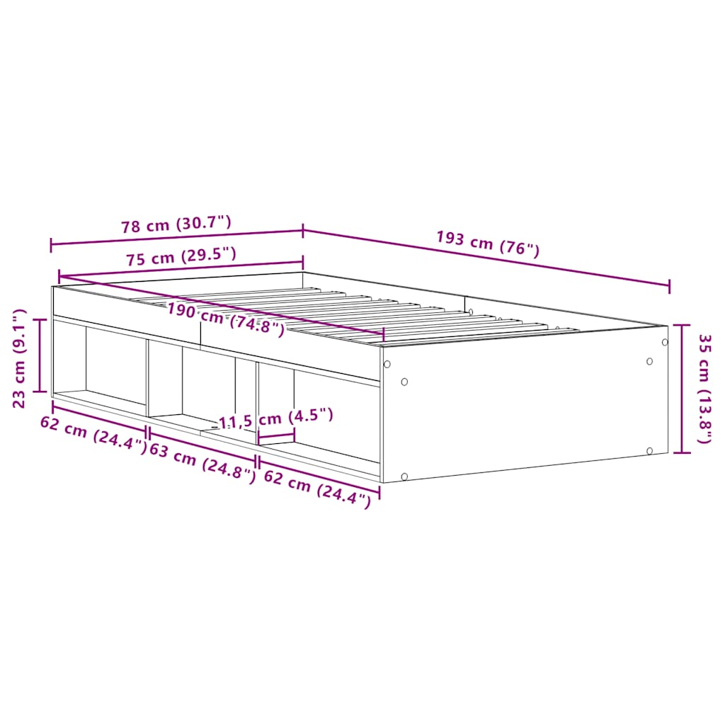 Bettgestell ohne Matratze Artisan-Eiche 75x190 cm Holzwerkstoff