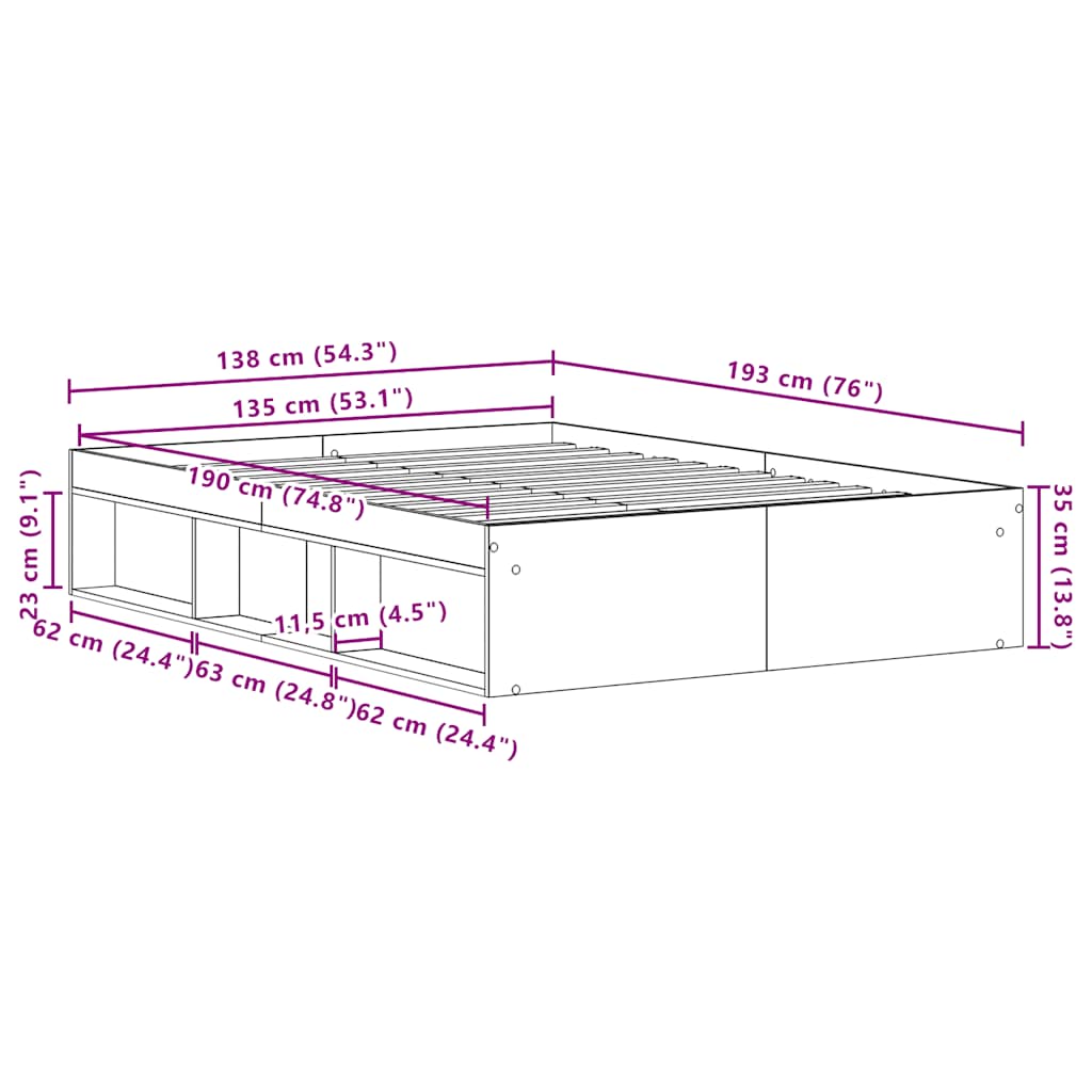 Bettgestell ohne Matratze Artisan-Eiche 135x190cm Holzwerkstoff