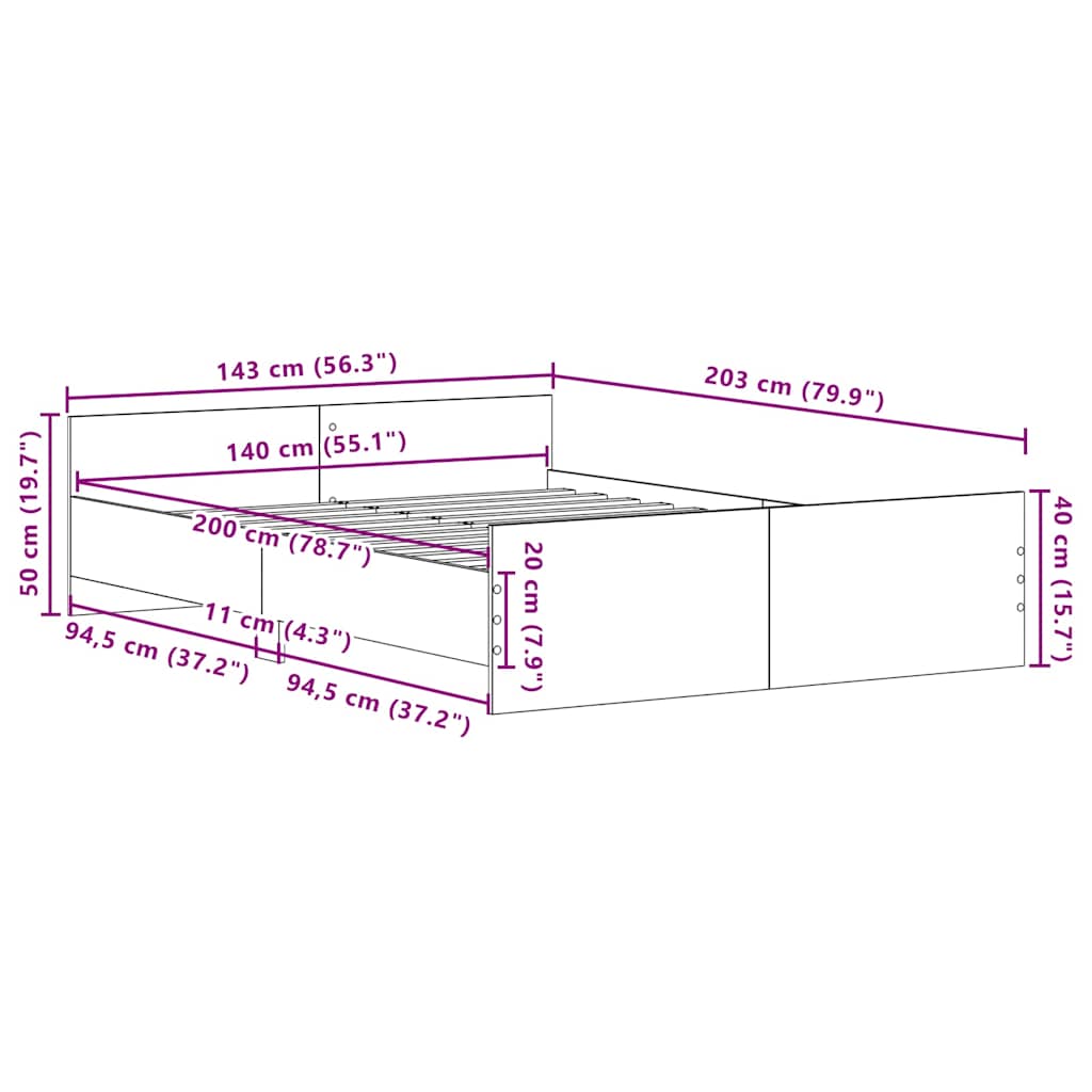 Bettgestell ohne Matratze Schwarz Eichen-Optik 140x200 cm