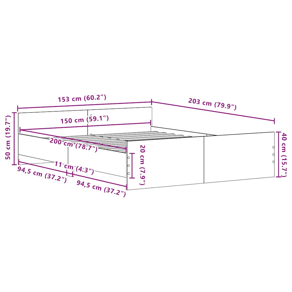 Bettgestell ohne Matratze Schwarz Eichen-Optik 150x200 cm
