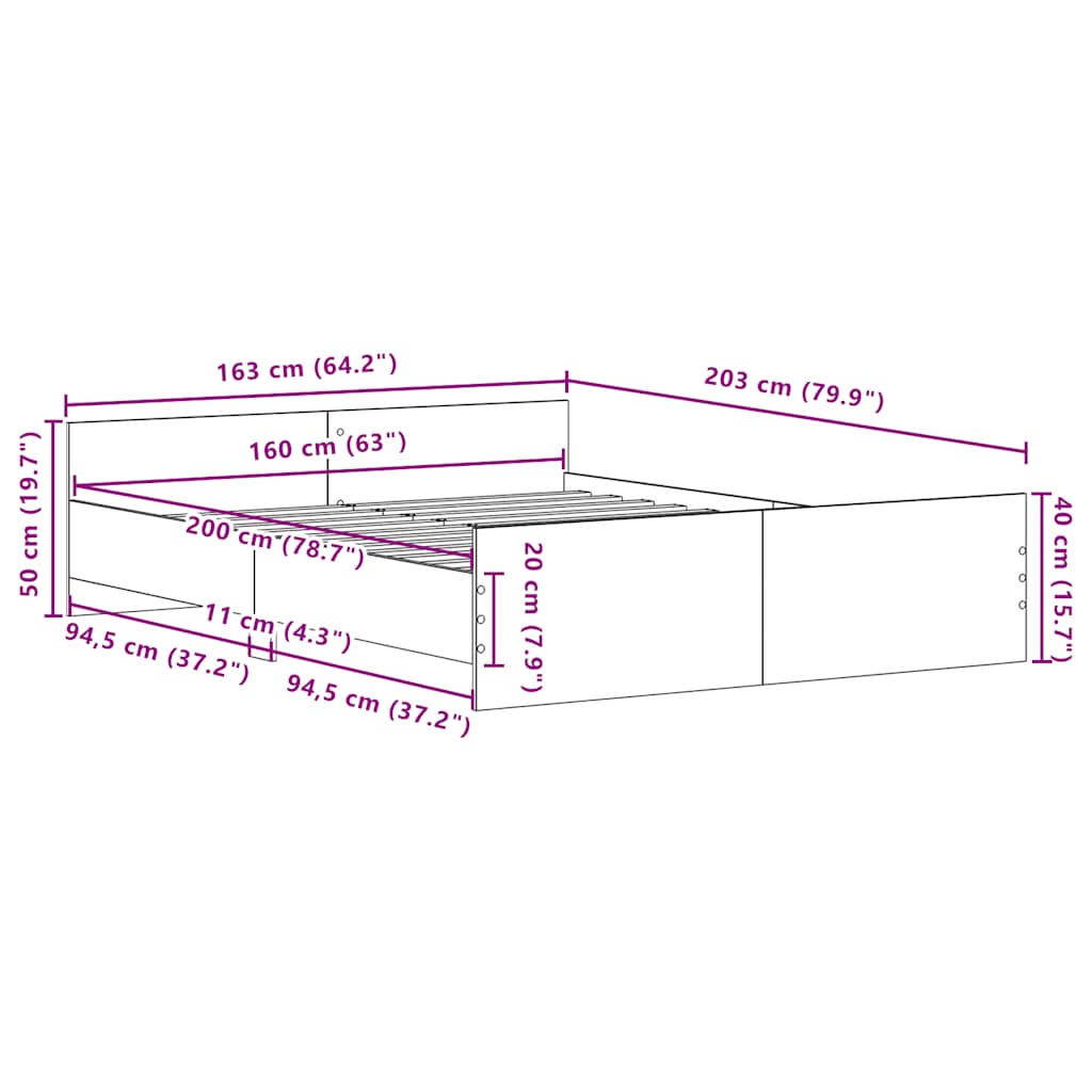 Bettgestell ohne Matratze Schwarz Eichen-Optik 160x200 cm