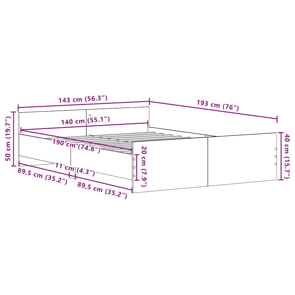 Bettgestell ohne Matratze Schwarz Eichen-Optik 140x190 cm