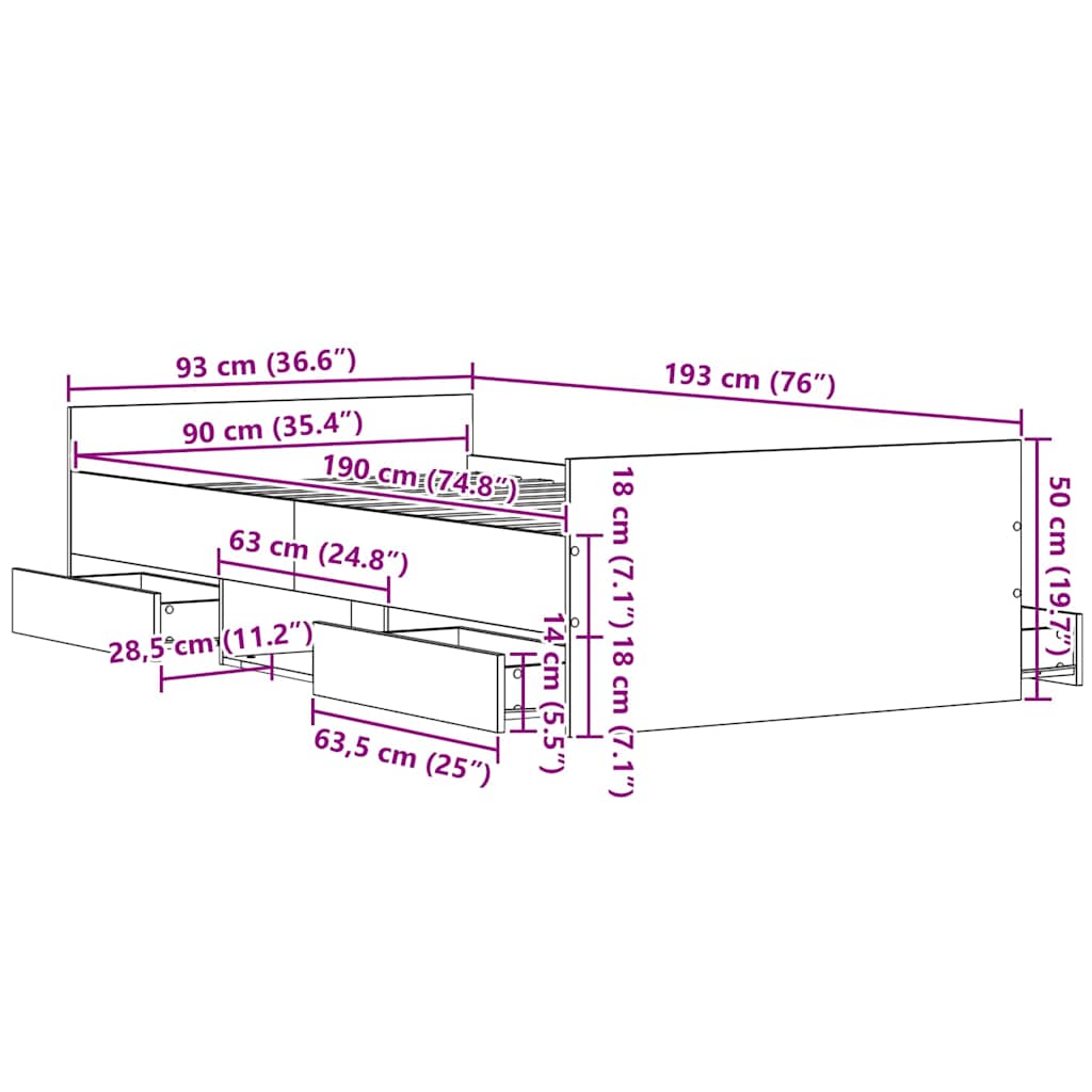 Bettrahmen Schwarz Eichen-Optik 193 x 93 x 50 cm Holzwerkstoff