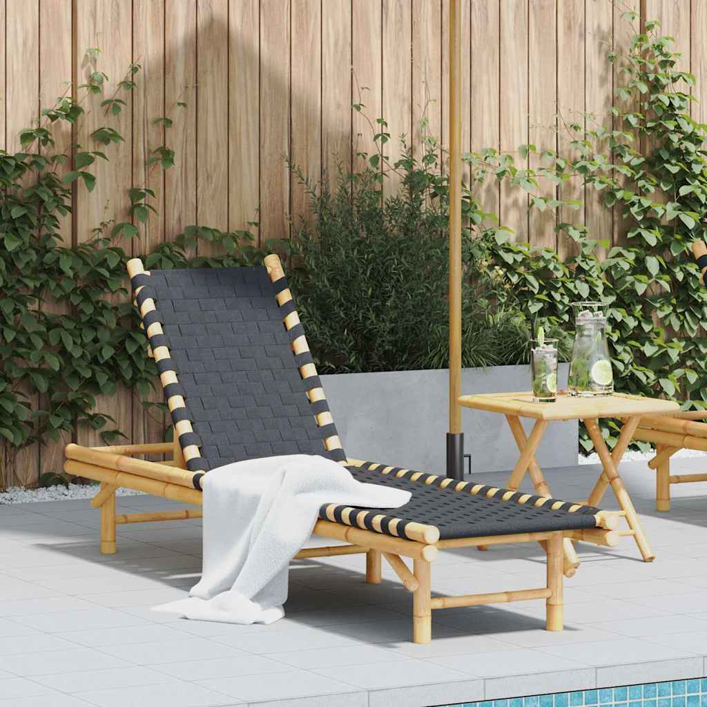Chaise longue avec sangle tressée noire 55x200x30 cm en bambou
