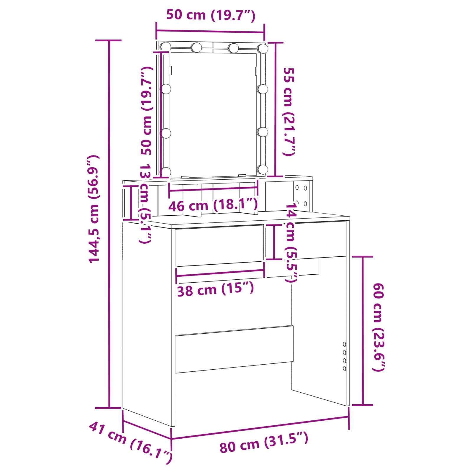 Schminktisch Schwarz Eichen-Optik 80 x 41 x 144,5 cm