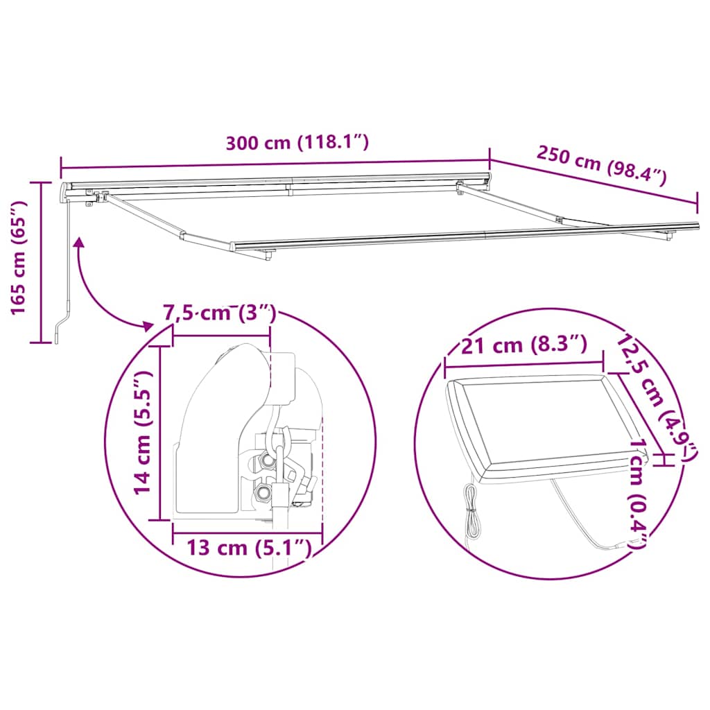 Einziehbare Markise Mehrfarbig 300 x 250 cm Stoff und Stahl