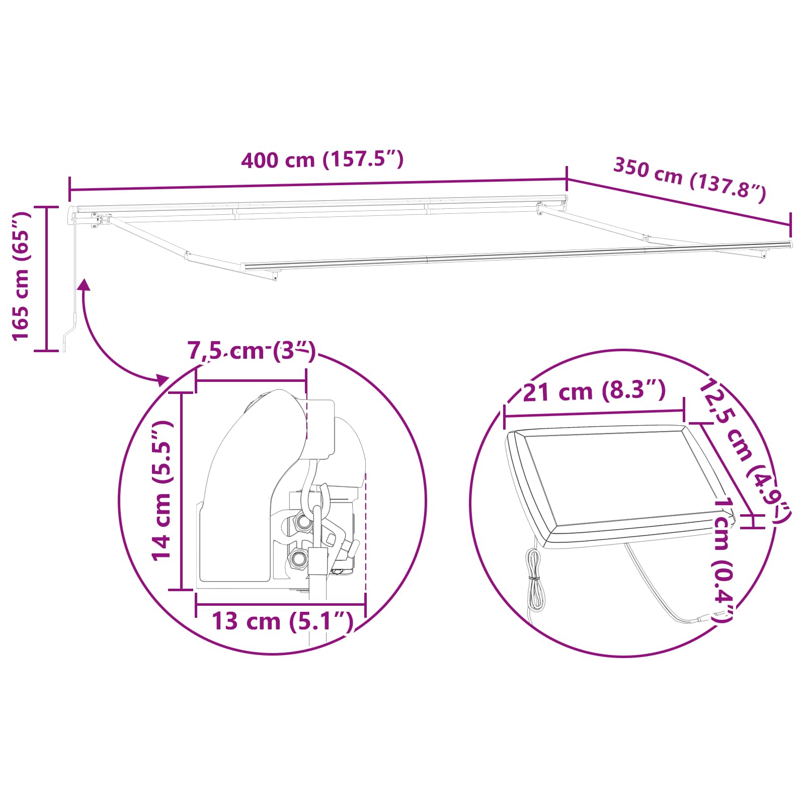 Ausziehbare Markise Mehrfarbig 400 x 350 cm Stoff und Aluminium