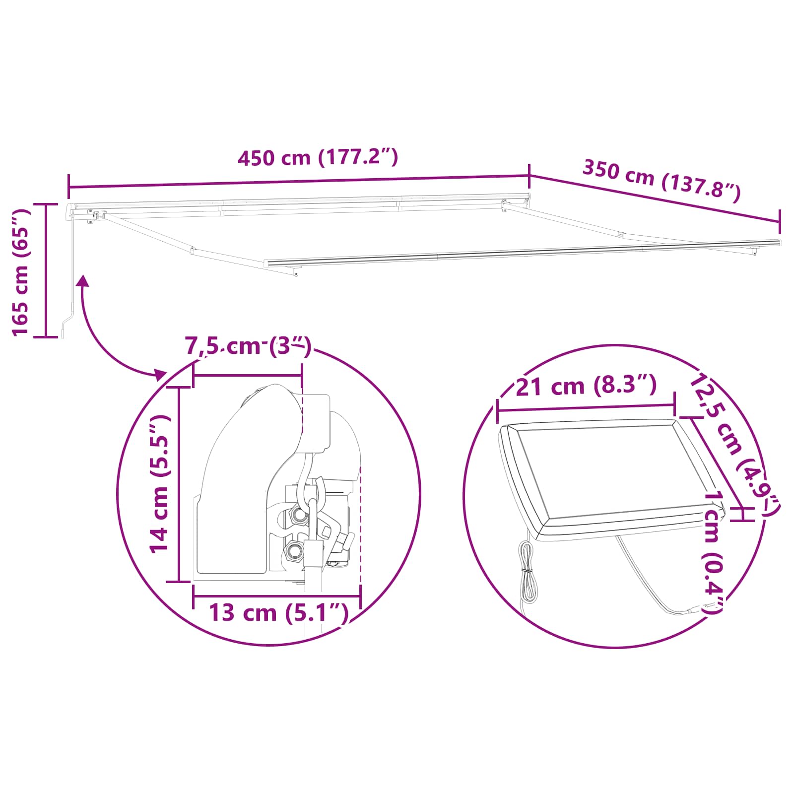 Ausziehbare Markise Mehrfarbig 450 x 350 cm Stoff und Aluminium