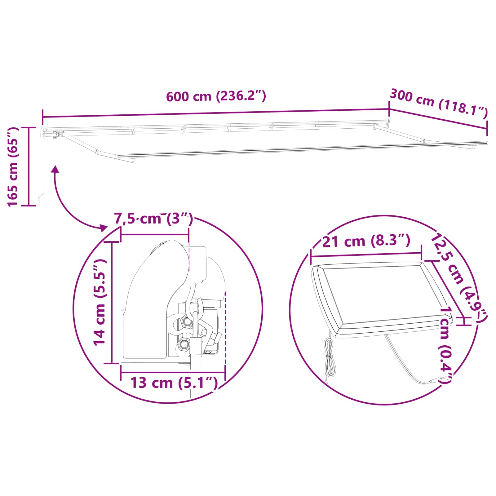 Ausziehbare Markise Hellgrau 600 x 300 cm Stoff und Aluminium