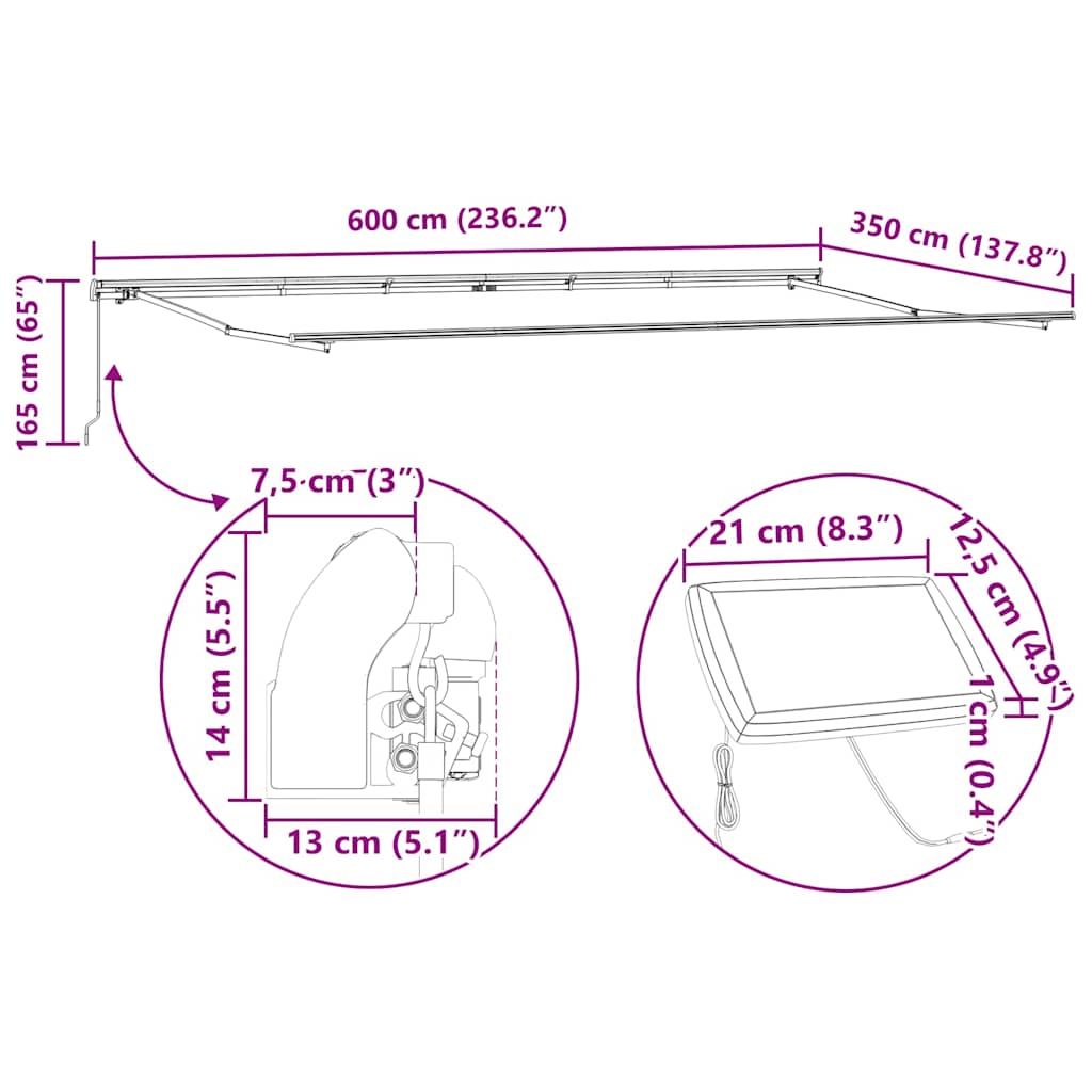 Einziehbare Markise Mehrfarbig 600 x 350 cm Stoff und Stahl