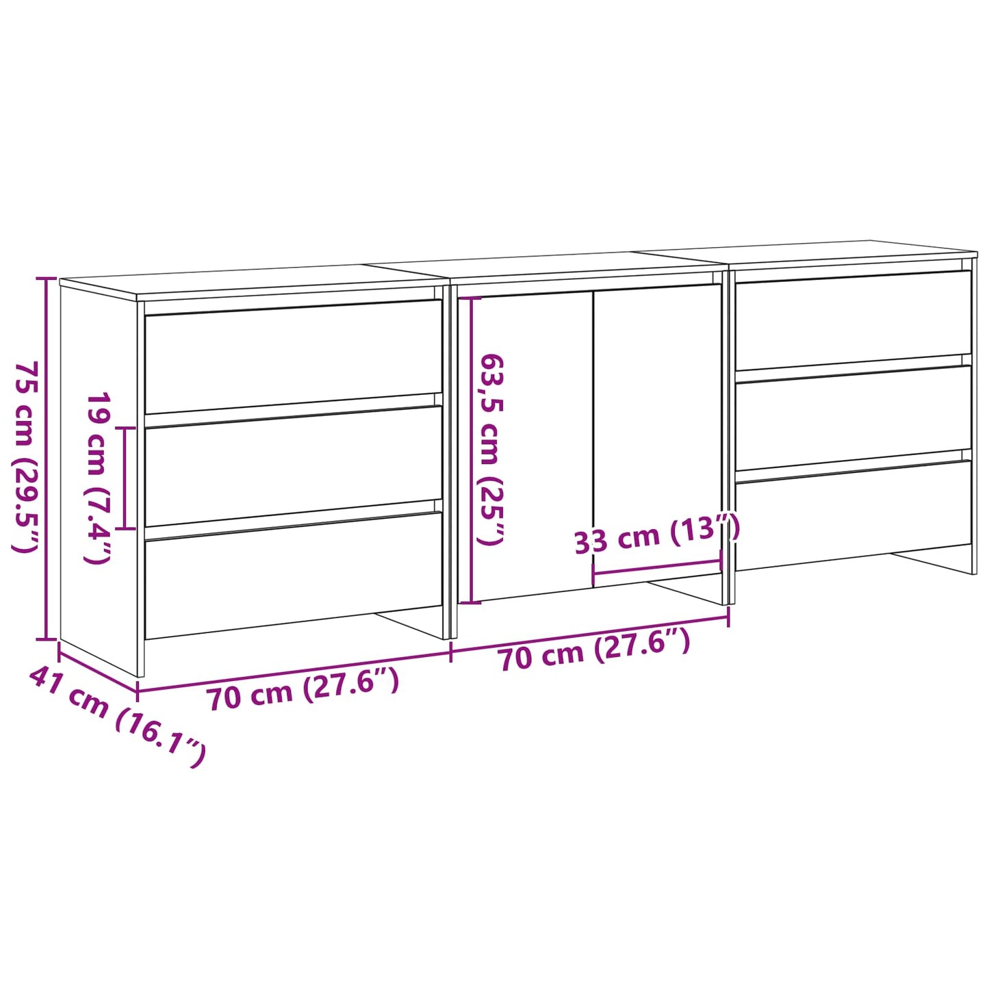 Sideboard 3 stk. Schwarz 70 x 41 x 75 cm Holzwerkstoff
