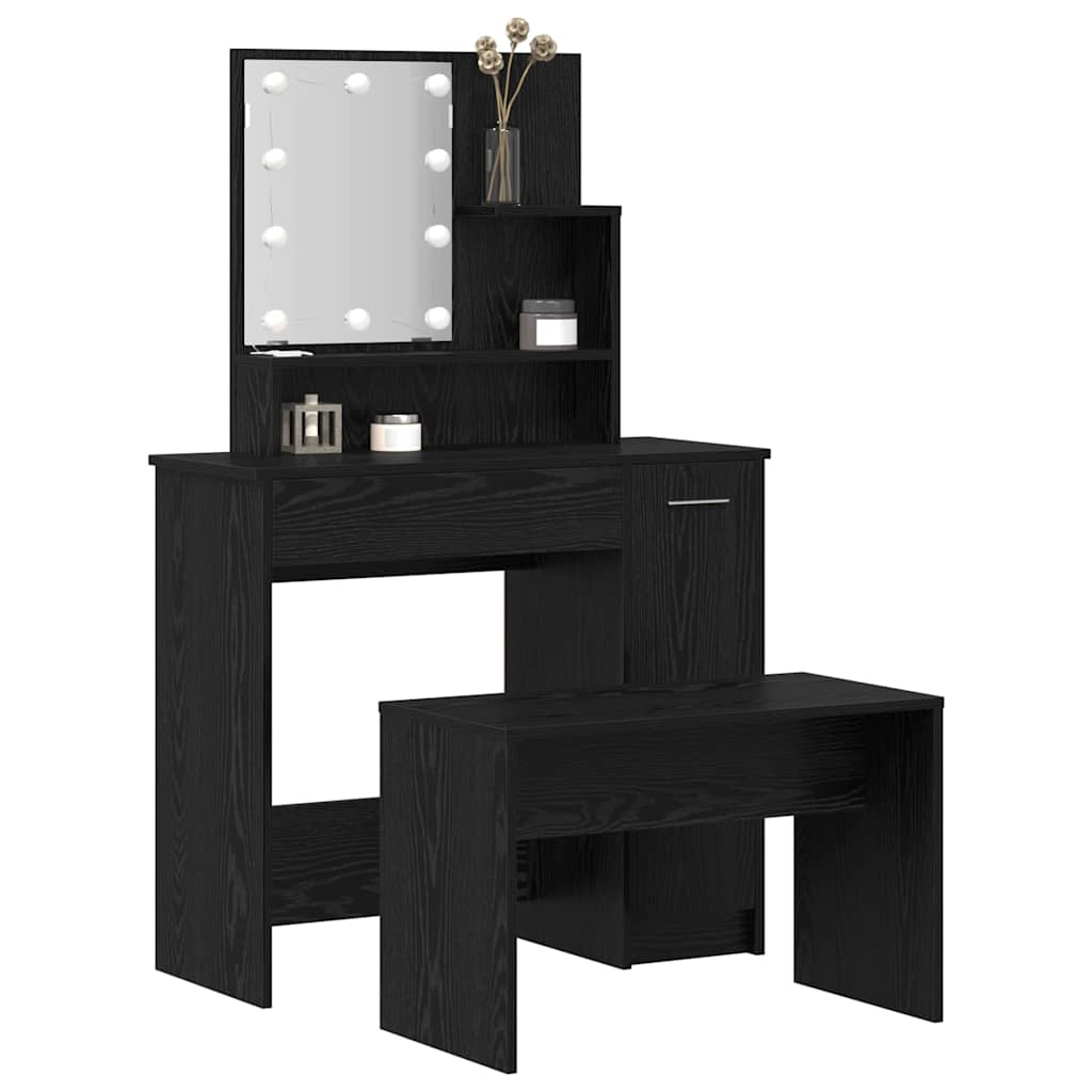 LED Schminktisch Set 2 pcs Schwarz Eichen-Optik Holzwerkstoff