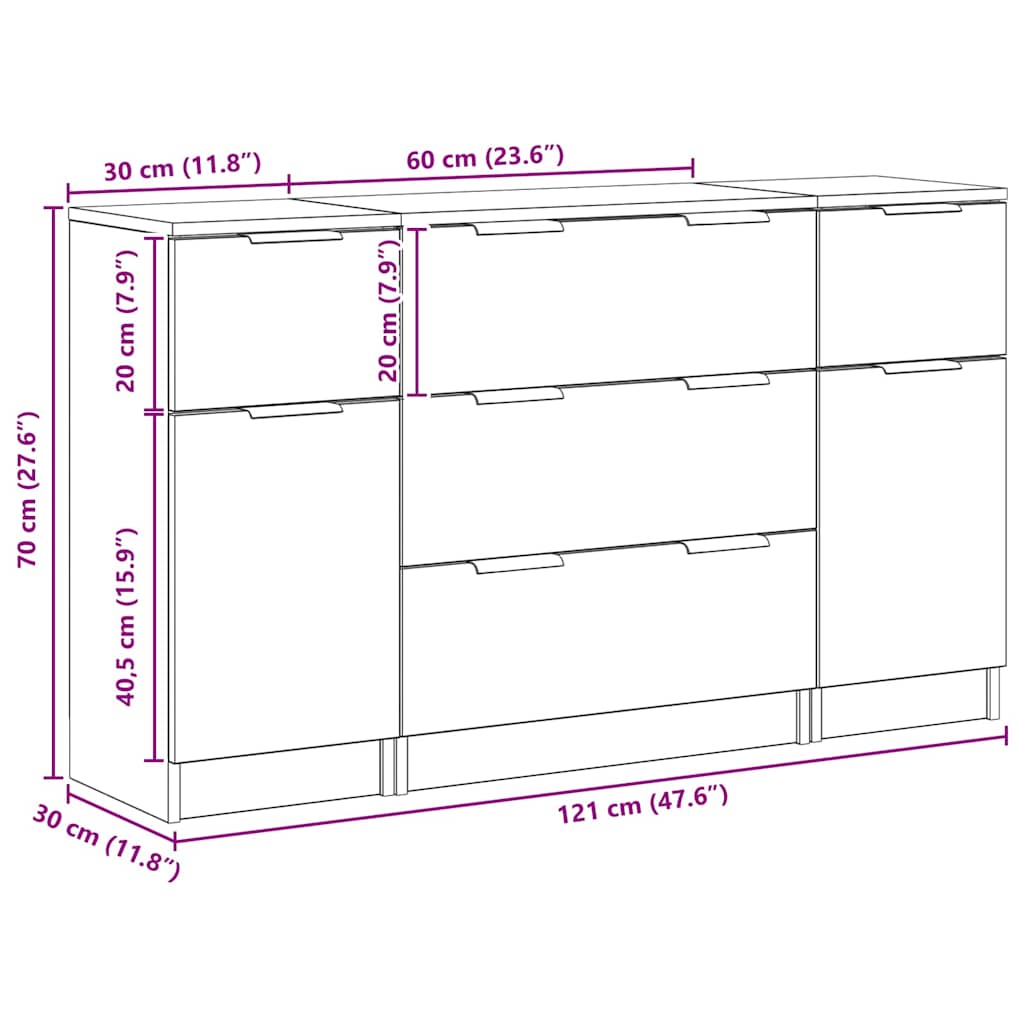 Sideboard 3 pcs Schwarz Eichen-Optik 121 x 30 x 70 cm