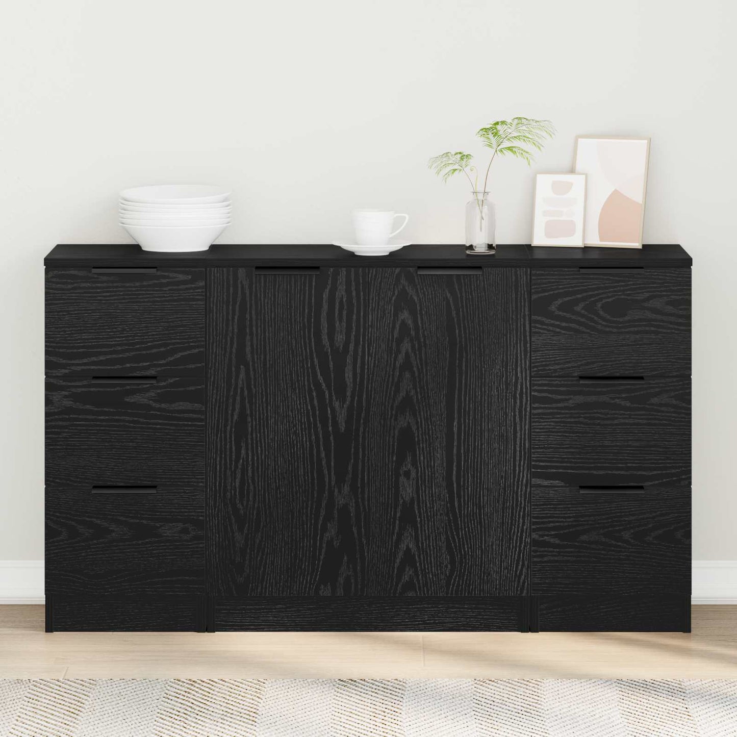 Sideboard 3 stk. Schwarz Eichen-Optik 121 x 30 x 70 cm