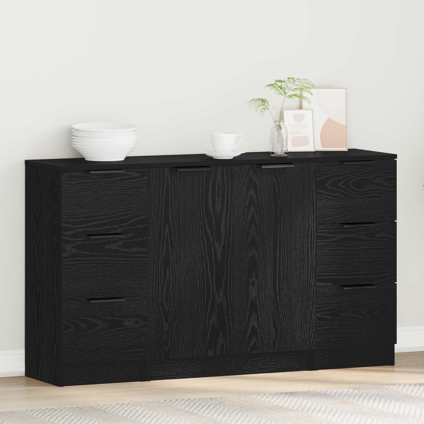 Sideboard 3 stk. Schwarz Eichen-Optik 121 x 30 x 70 cm