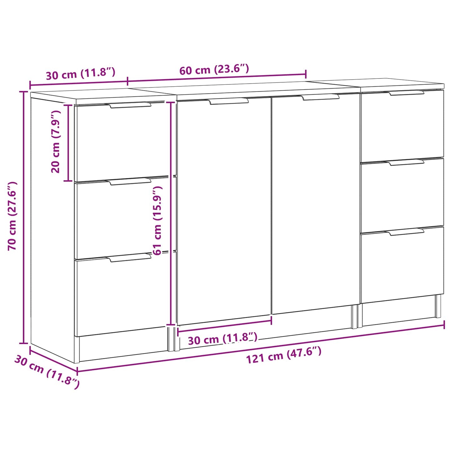 Sideboard 3 stk. Schwarz Eichen-Optik 121 x 30 x 70 cm