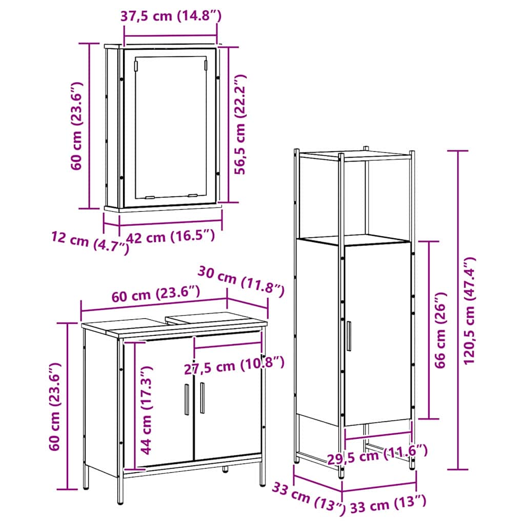 Badezimmermöbel-Set 3 stk. Braun 33 x 33 x 120,5 cm