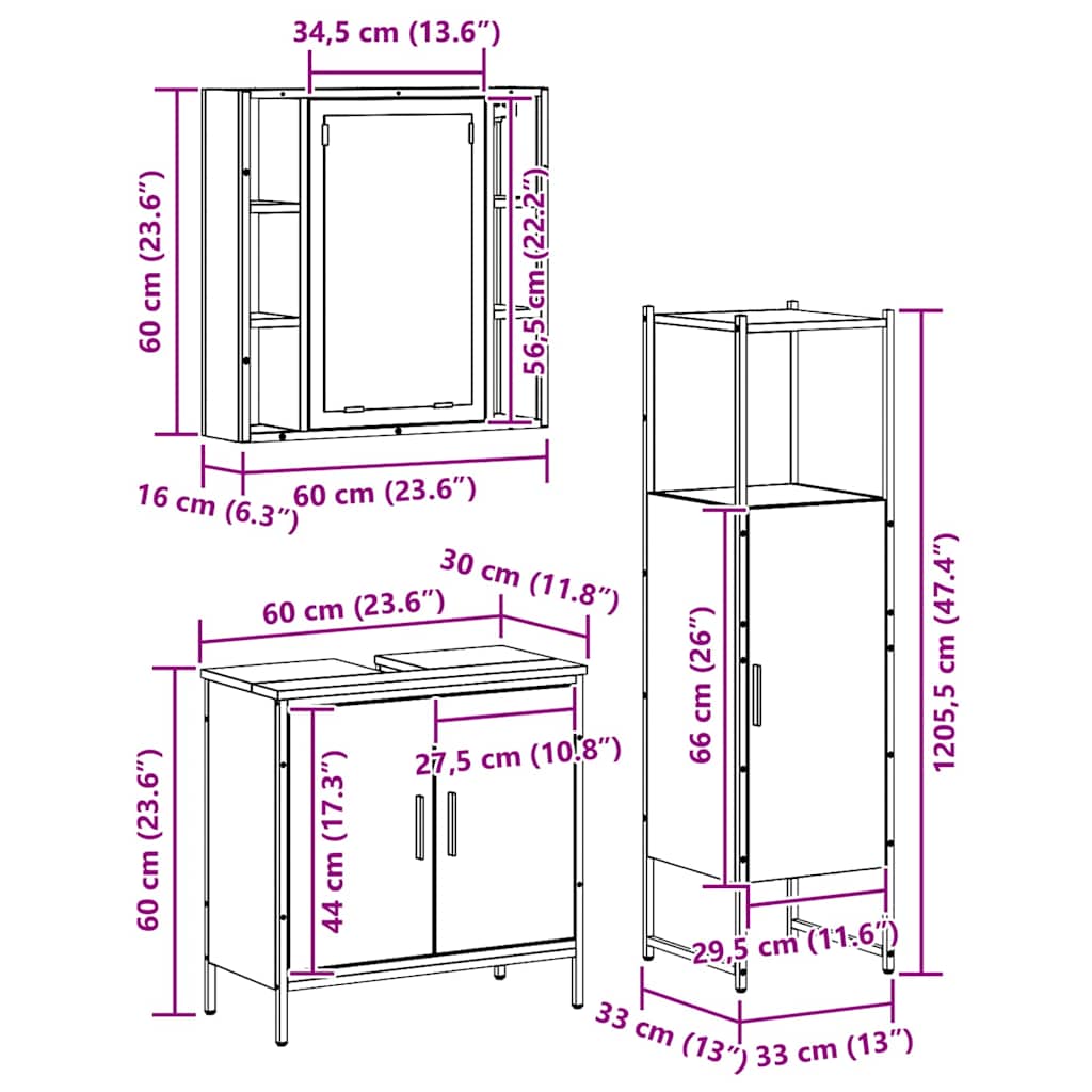 Badezimmermöbel-Set 3 stk. Braun 33 x 33 x 120,5 cm