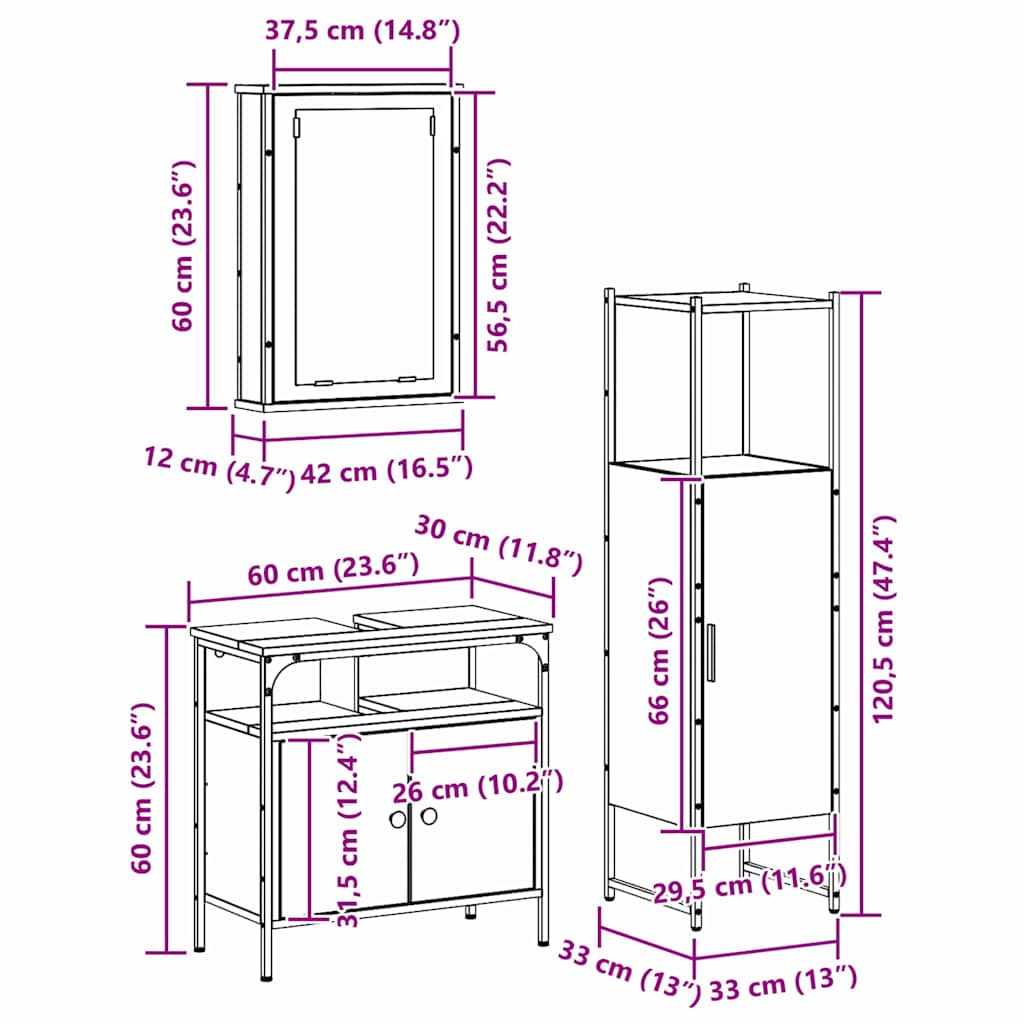 Badezimmermöbel-Set 3 stk. Braun 33 x 33 x 120,5 cm