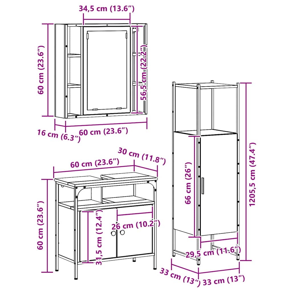 Badezimmermöbel-Set 3 stk. Braun 33 x 33 x 120,5 cm