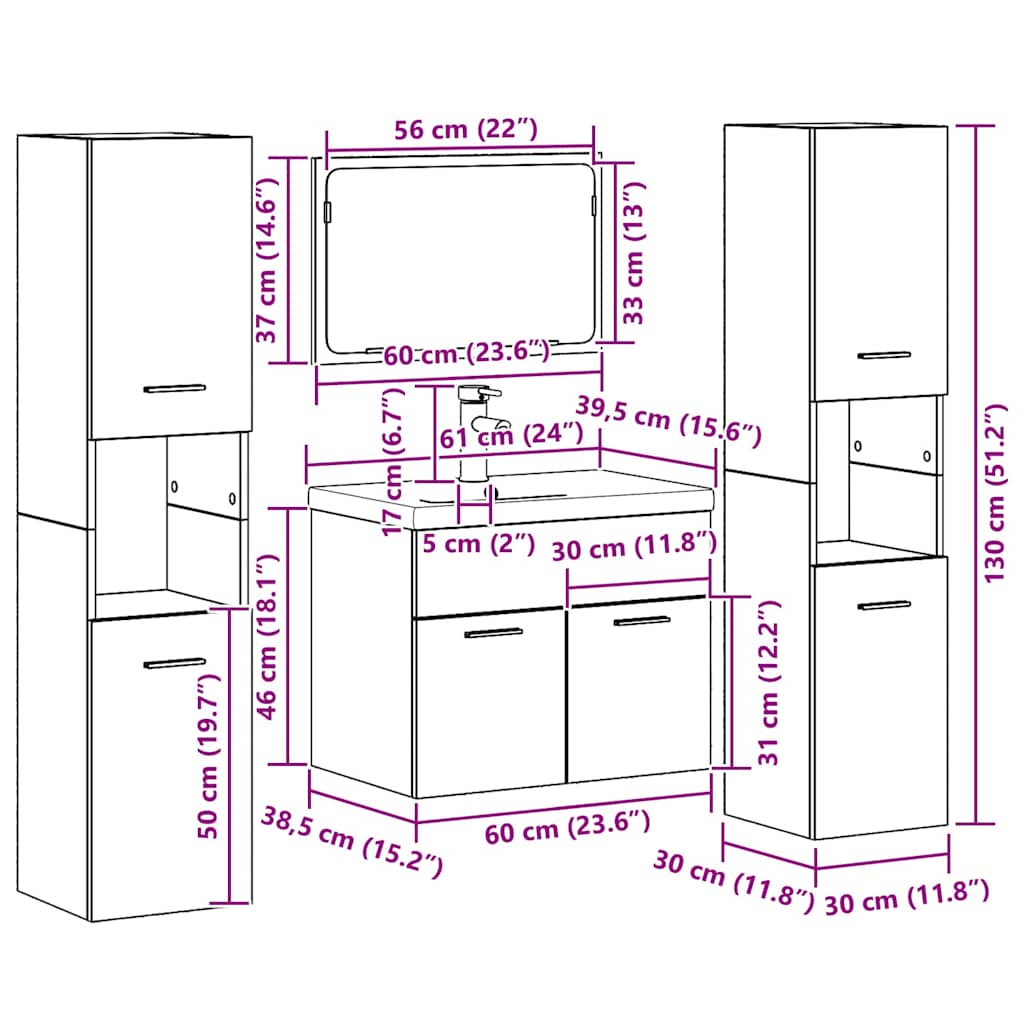 Badezimmermöbel-Set 4 stk. Altholz 60 x 38,5 x 46 cm