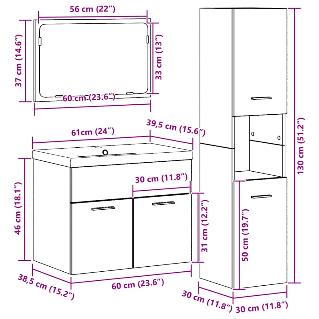 Badezimmermöbel-Set 4 stk. Braun 60 x 38,5 x 46 cm