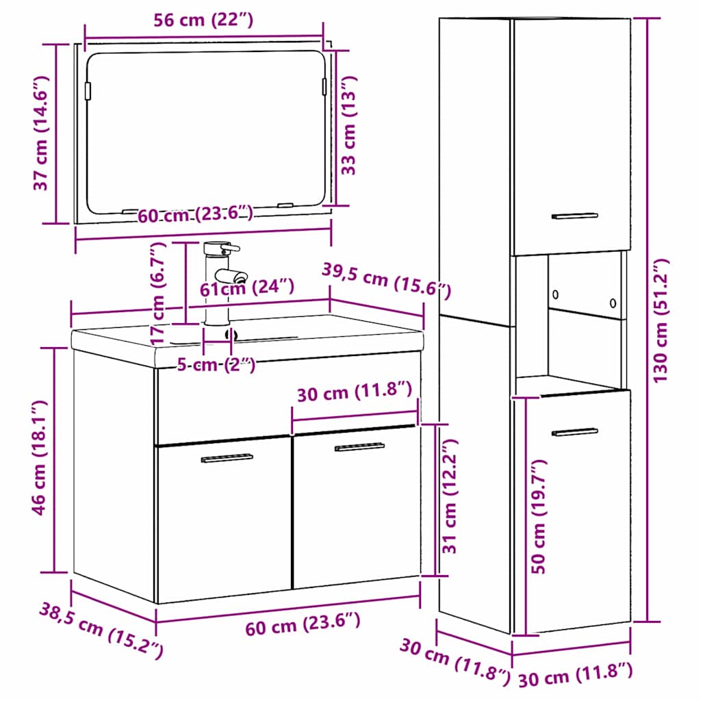 Badezimmermöbel-Set 4 stk. Braun 60 x 38,5 x 46 cm