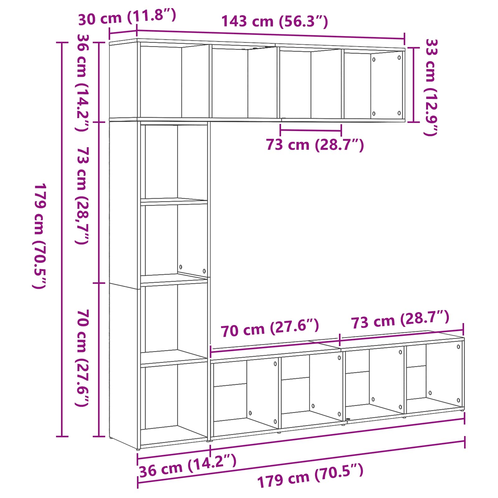 Bücherregal 12 Ebenen 3 stk. 36 x 30 x 143 cm Holzwerkstoff