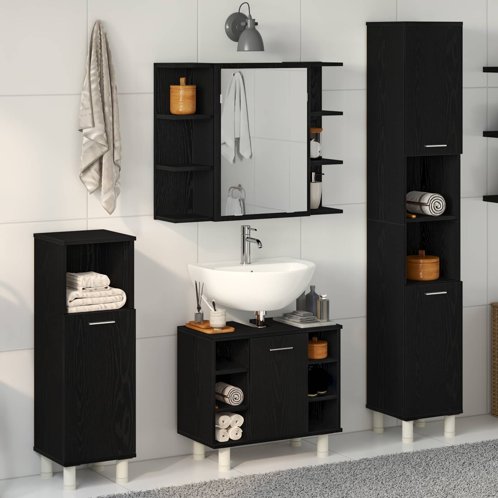 Badezimmermöbel-Set 4 stk. Schwarz 30 x 30 x 179,5 cm
