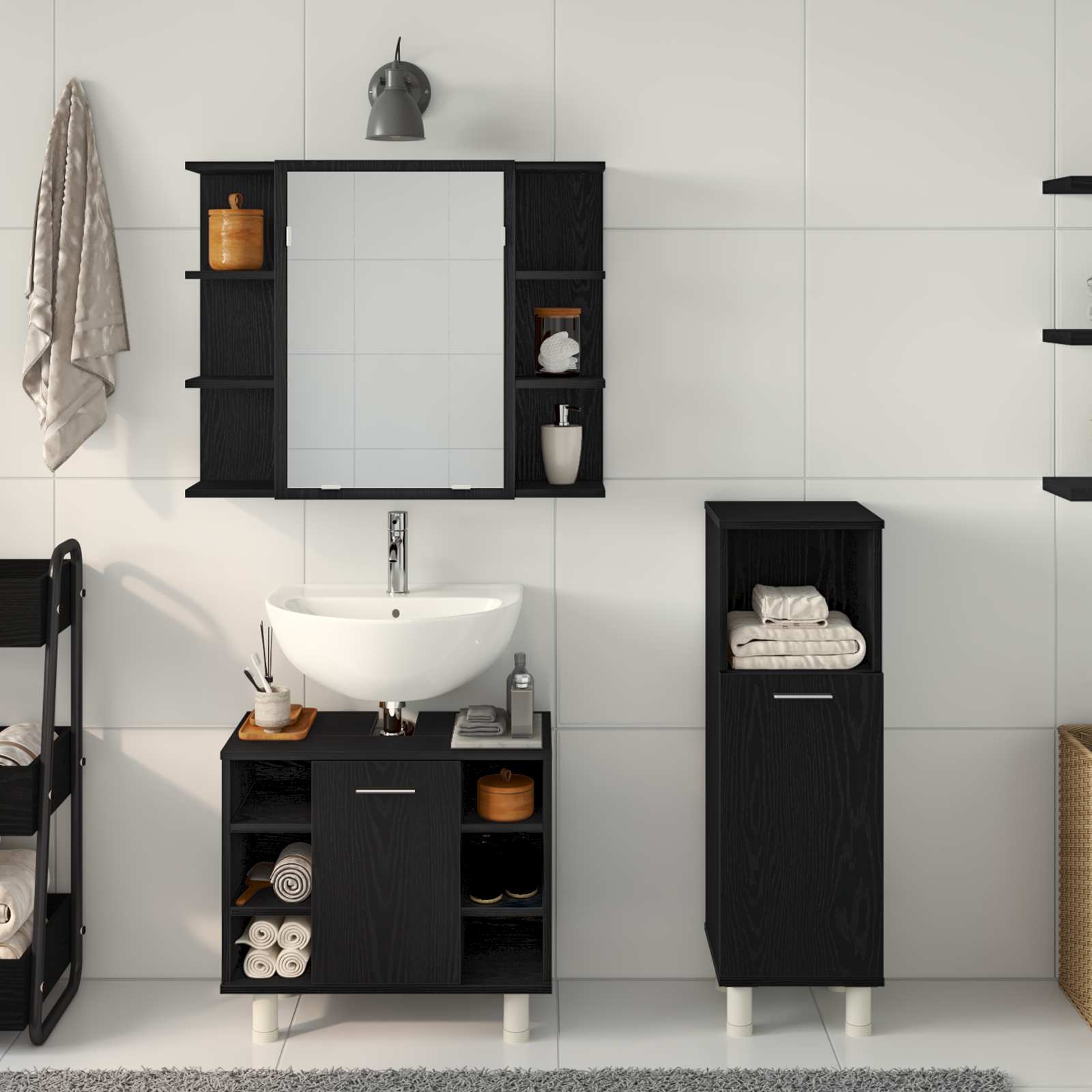 Badezimmermöbel-Set 3 stk. Schwarz 30 x 30 x 99,5 cm
