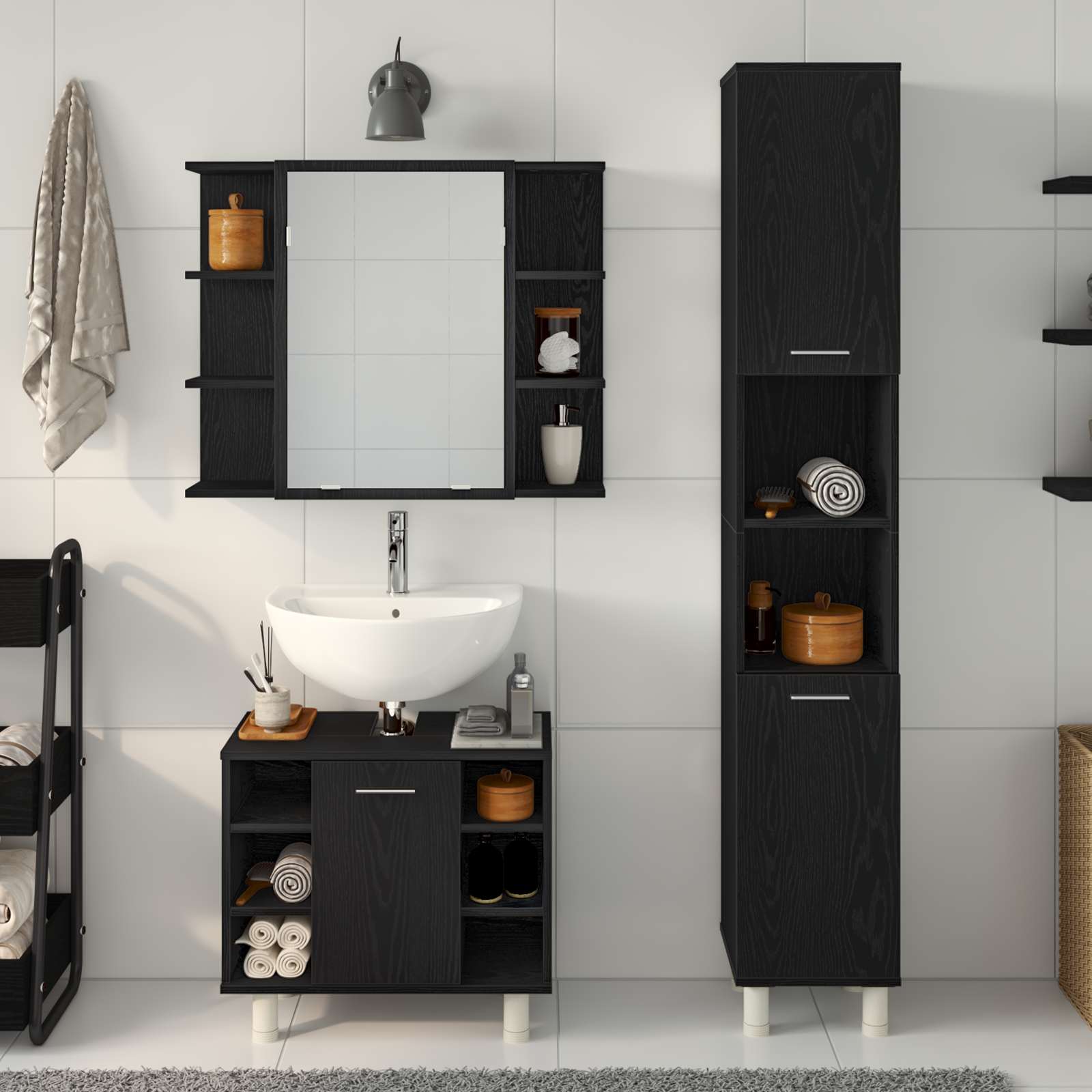 Badezimmermöbel-Set 3 stk. Schwarz 30 x 30 x 179,5 cm