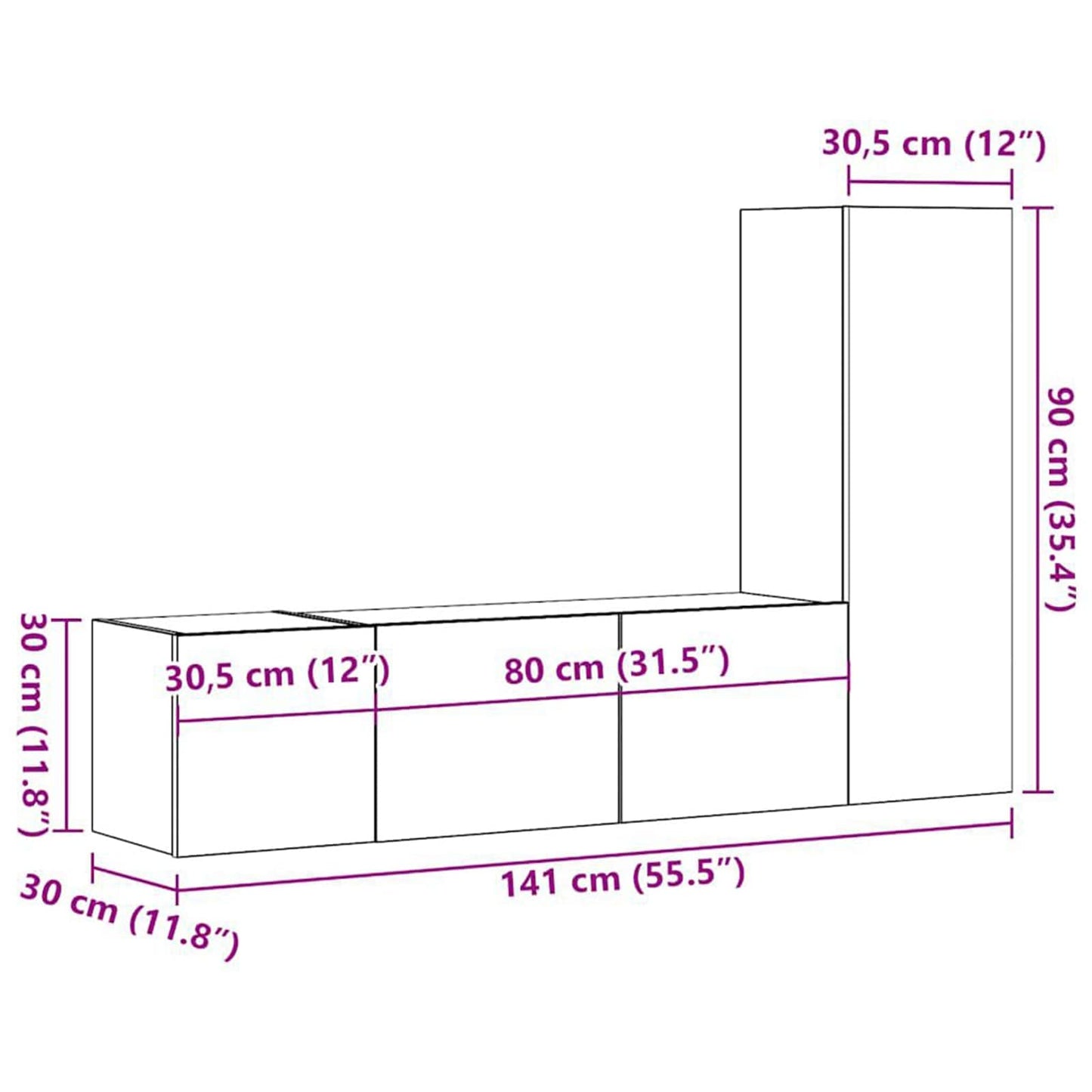 TV-Schrankset 3 pcs Schwarz Eichen-Optik 130,5 x 30 x 140 cm