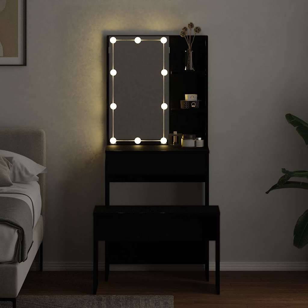 LED Schminktisch Set 2 pcs Schwarz Eichen-Optik Holzwerkstoff
