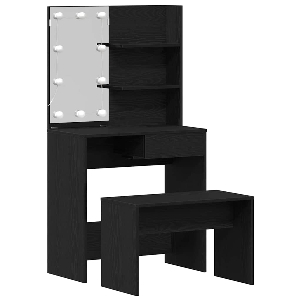 LED Schminktisch Set 2 stk. Schwarz Eichen-Optik Holzwerkstoff