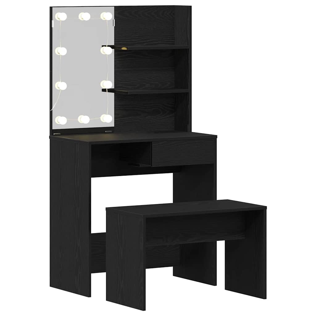 LED Schminktisch Set 2 stk. Schwarz Eichen-Optik Holzwerkstoff