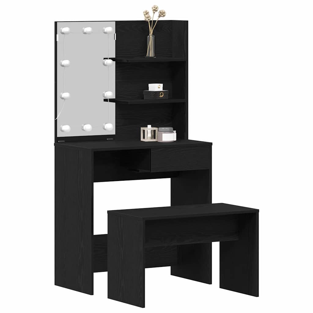 LED Schminktisch Set 2 stk. Schwarz Eichen-Optik Holzwerkstoff
