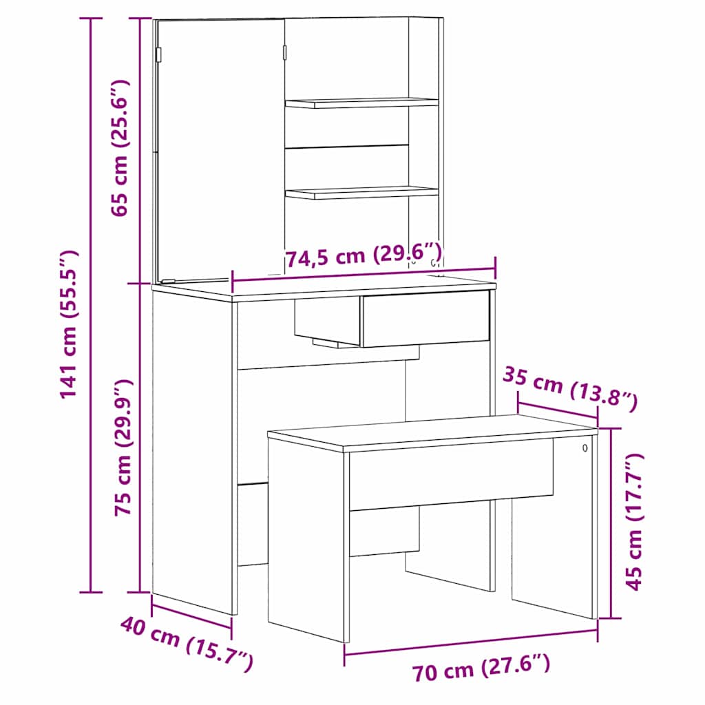 Schminktisch-Set 2 stk. Schwarz Eichen-Optik 74.5 x 40 x 141 cm