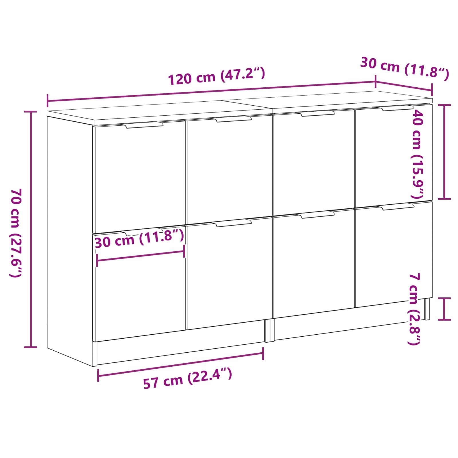 Sideboard 2 stk. Schwarz Eichen-Optik 60 x 30 x 70 cm