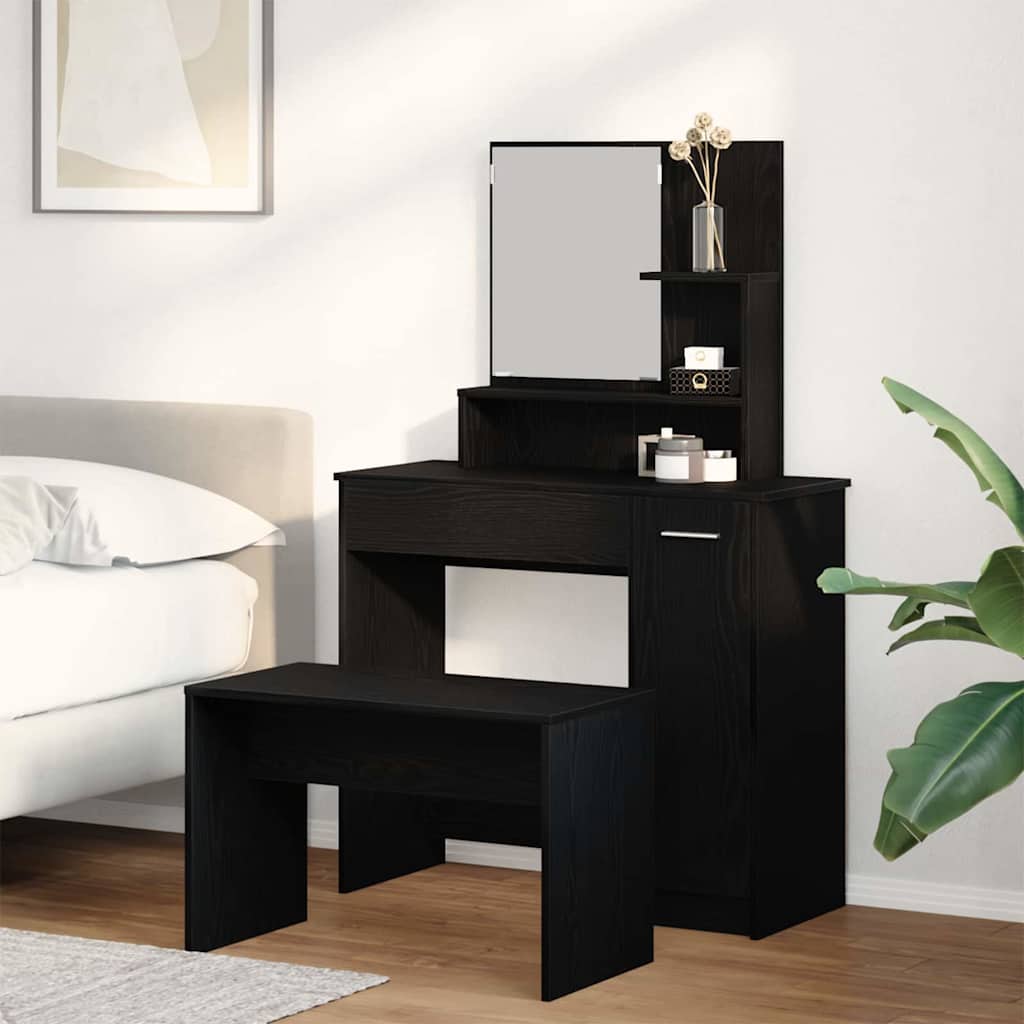 Schminktisch-Set 2 pcs Schwarz Eichen-Optik Holzwerkstoff