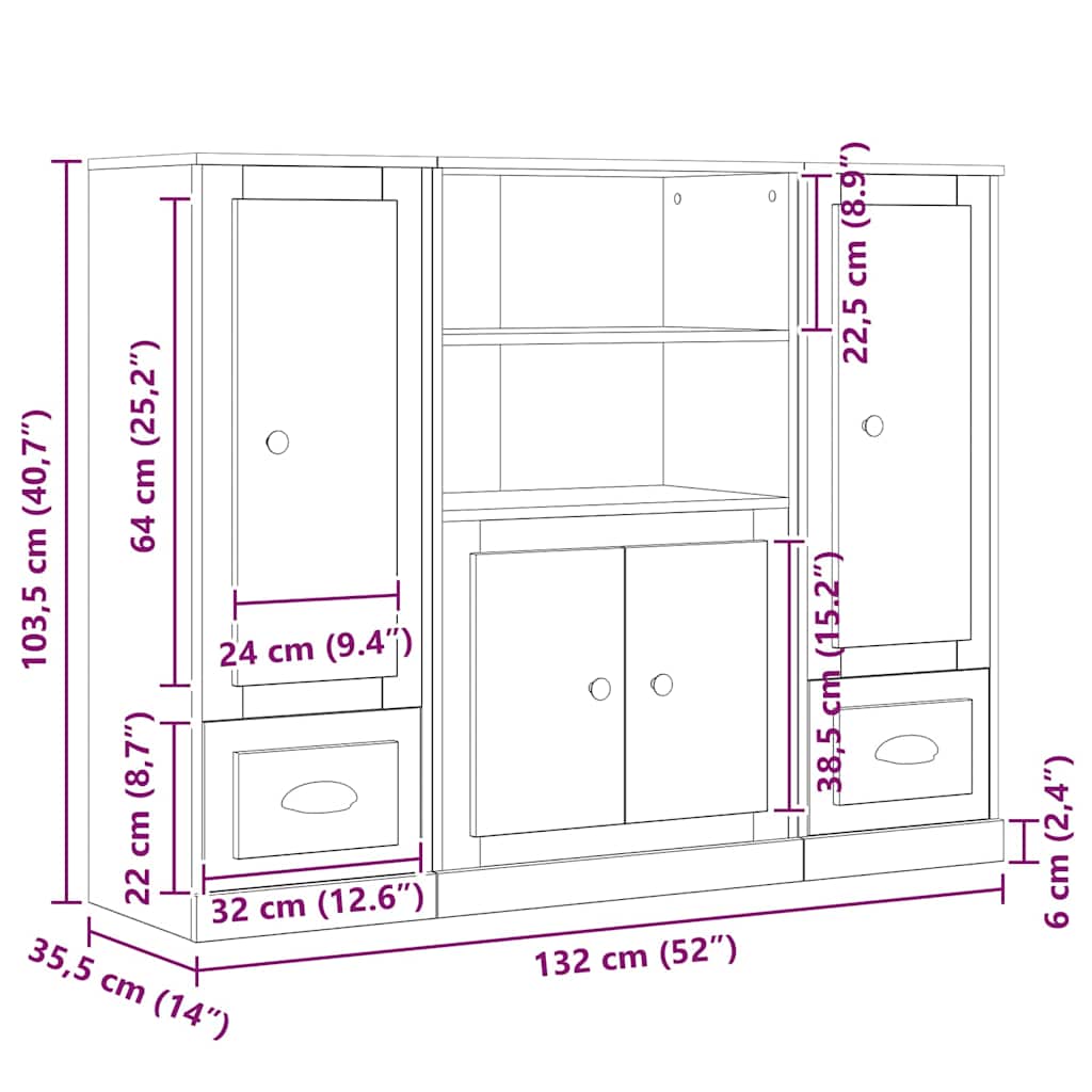 Highboard Schwarz Eichen-Optik 132 x 35,5 x 103,5 cm