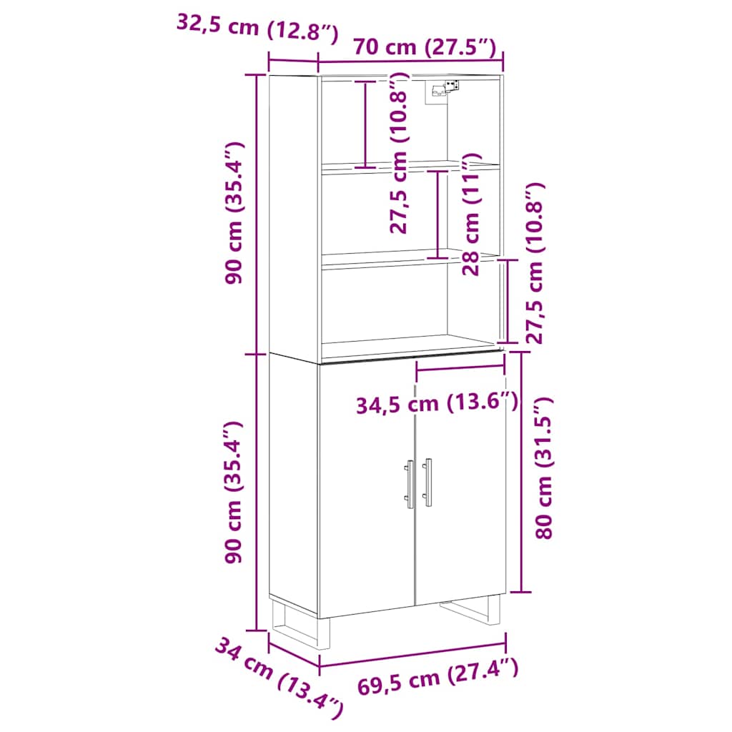 Highboard 2 stk. Schwarz Eichen-Optik 69,5 x 34 x 180 cm