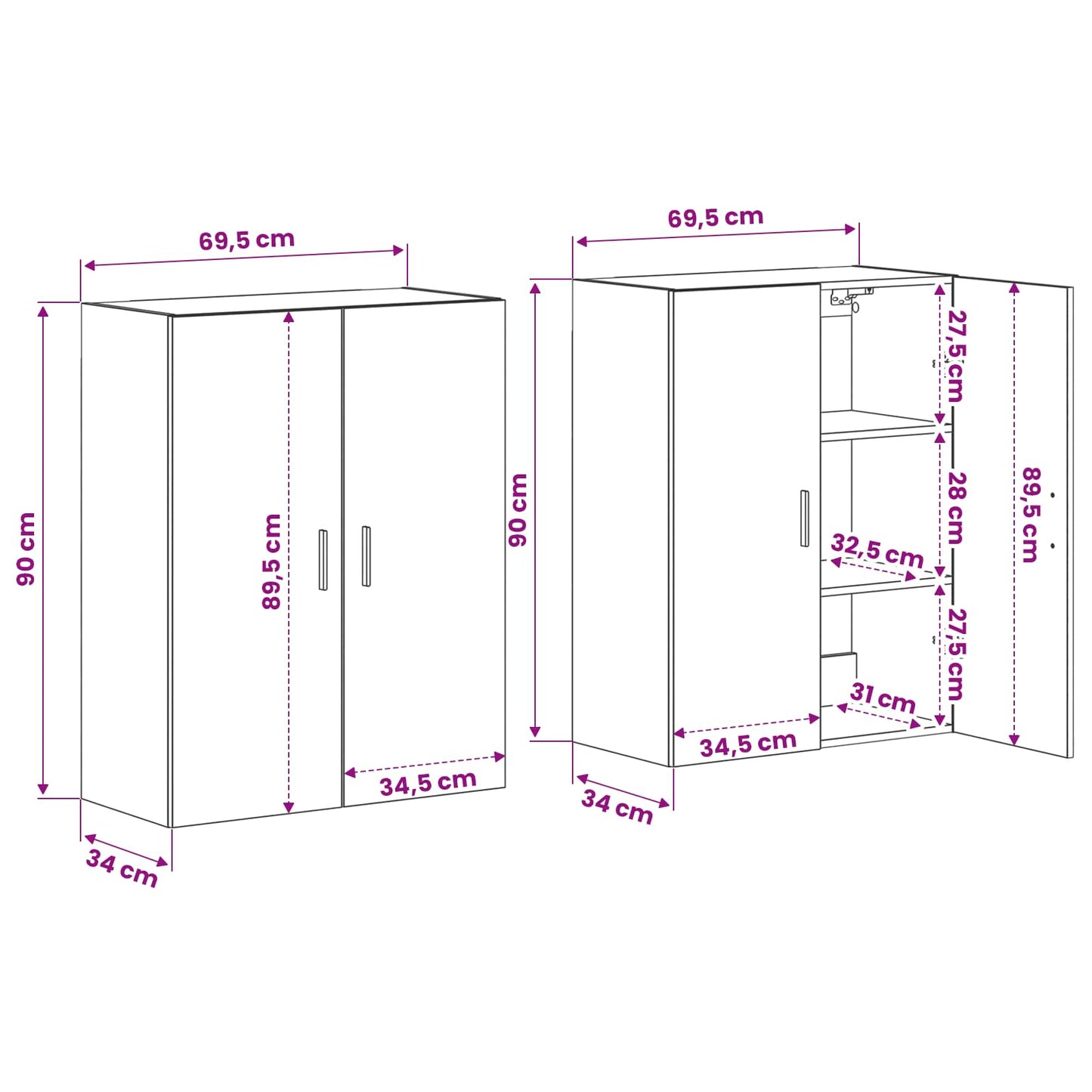 Wandschrank 2 stk. Schwarz Eichen-Optik 69,5 x 34 x 90 cm