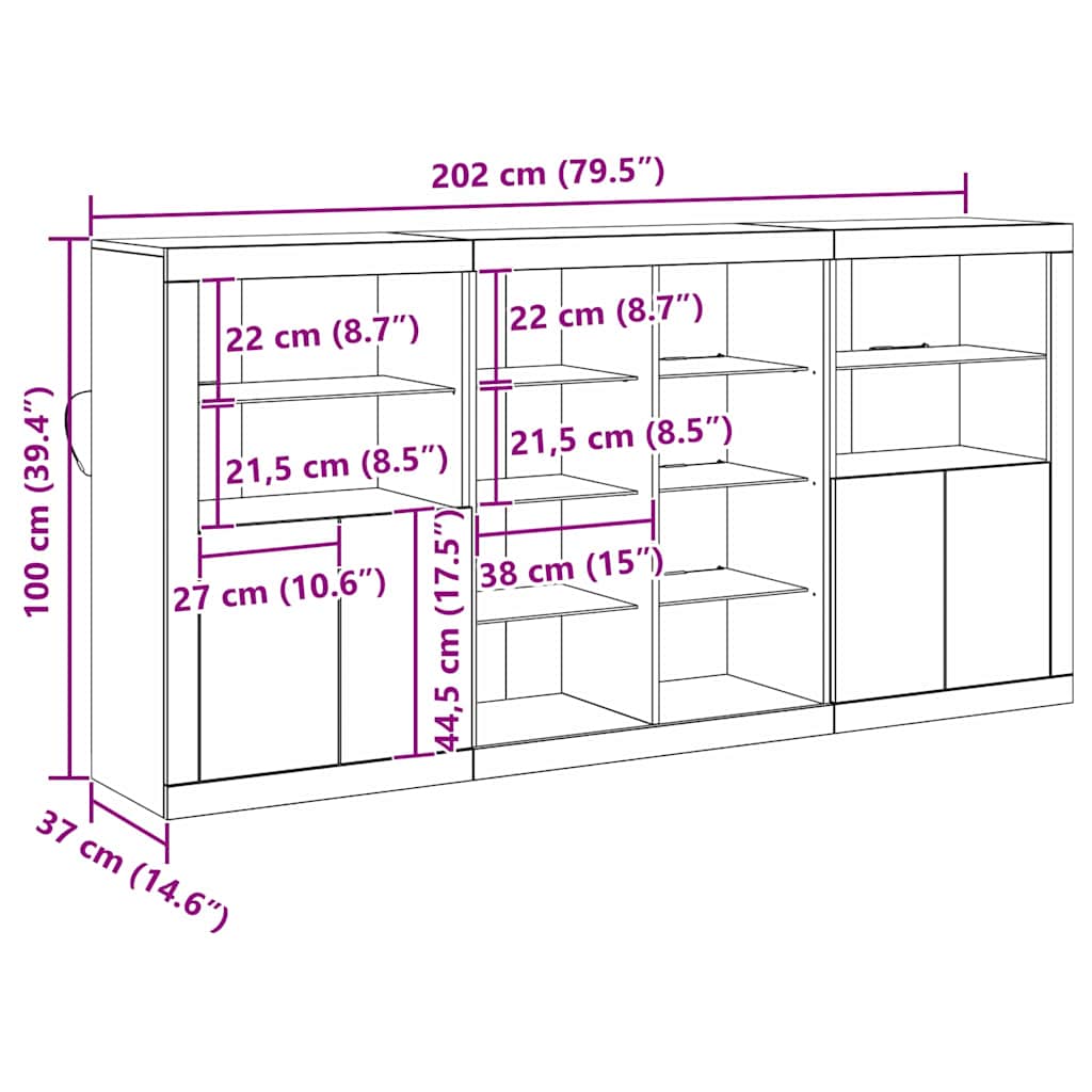 LED-Sideboard 3 stk. Altholz 202 x 37 x 100 cm Holzwerkstoff