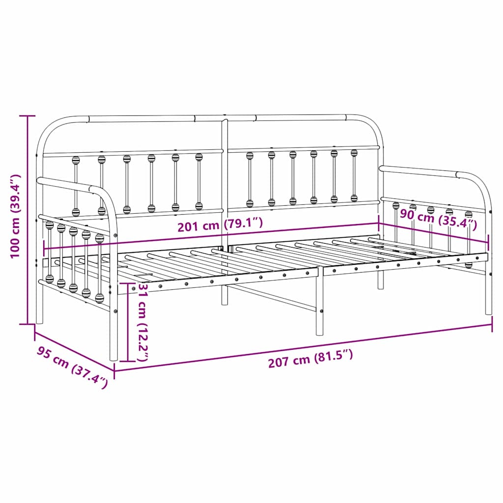 Tagesbettrahmen Schwarz 90 x 200 cm Pulverbeschichteter Stahl