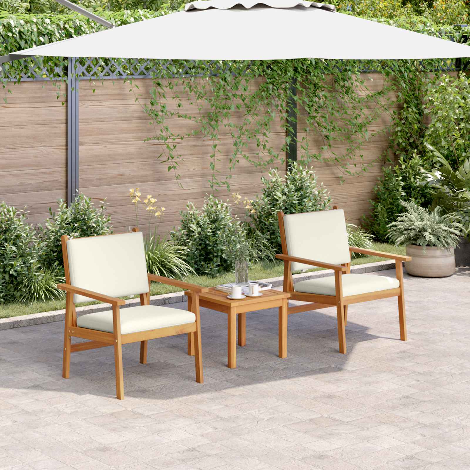 Gartensofa-set 3 stk. 2-Sitzanzahl Cremeweiß Massivholz Akazie