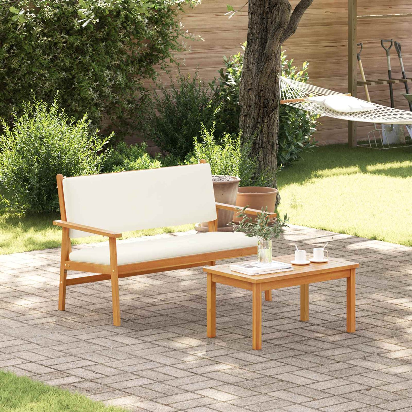 Gartenbank mit Kissen Cremeweiß Massivholz Akazie